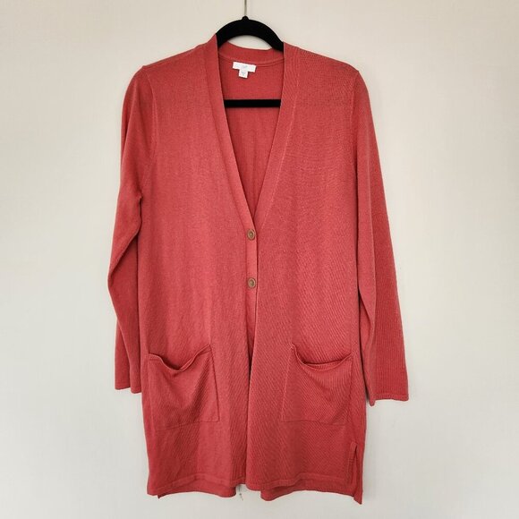 J. Jill Soft Wool Blend Long Coral Salmon Cardigan Sweater Pockets Size Medium - Picture 1 of 6